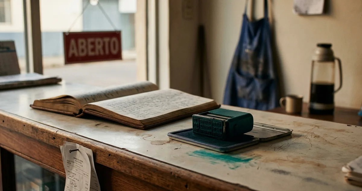 Notebook aberto com formulário de cadastro na tela, ao lado de bloco de notas e calculadora, sem pessoas