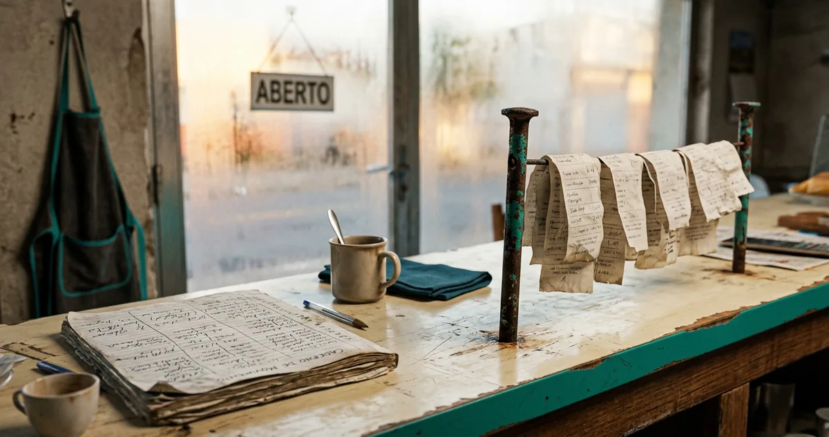 Extrato bancário impresso ao lado de calculadora e caneta sobre mesa de escritório, sem pessoas