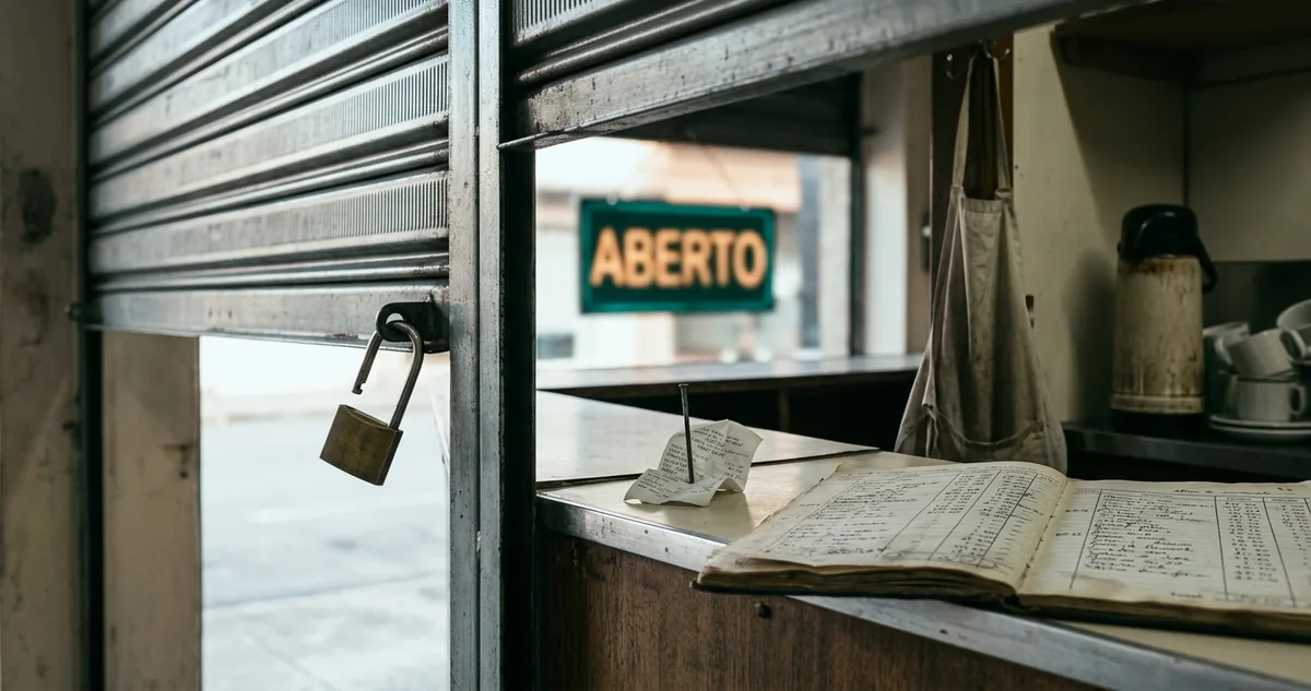 Celular sobre balcão de loja mostrando um QR Code, ao lado de um calendário de mesa
