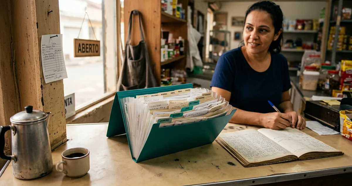 Notebook aberto sobre mesa de escritório pequeno, ao lado de uma pasta de documentos e uma xícara