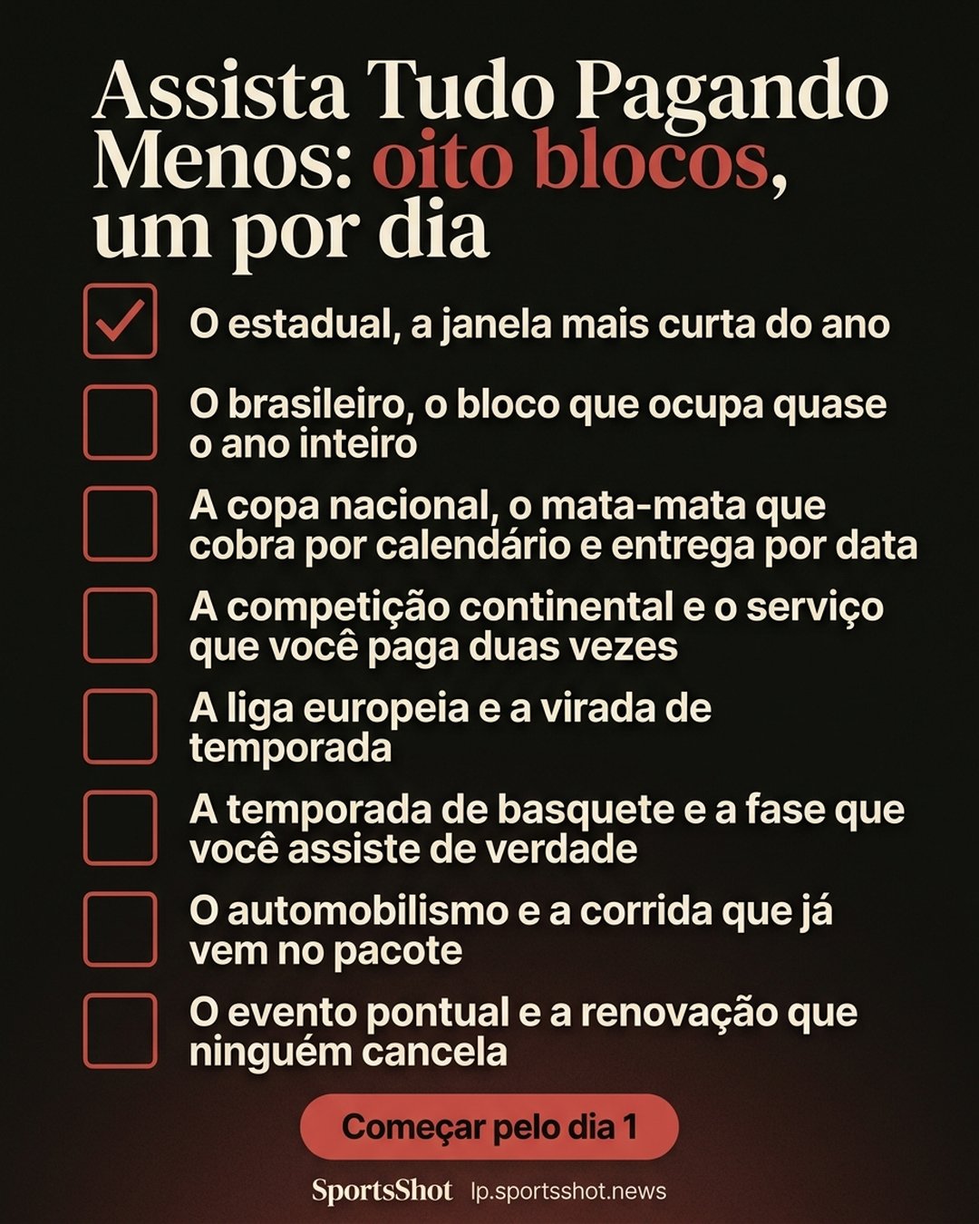 Assista Tudo Pagando Menos: oito blocos, um por dia: O estadual, a janela mais curta do ano, O brasileiro, o bloco que ocupa quase o ano inteiro, A copa nacional, o mata-mata que cobra por calendário e entrega por data, A competição continental e o serviço que você paga duas vezes, A liga europeia e a virada de temporada, A temporada de basquete e a fase que você assiste de verdade, O automobilismo e a corrida que já vem no pacote, O evento pontual e a renovação que ninguém cancela. Começar pelo dia 1.