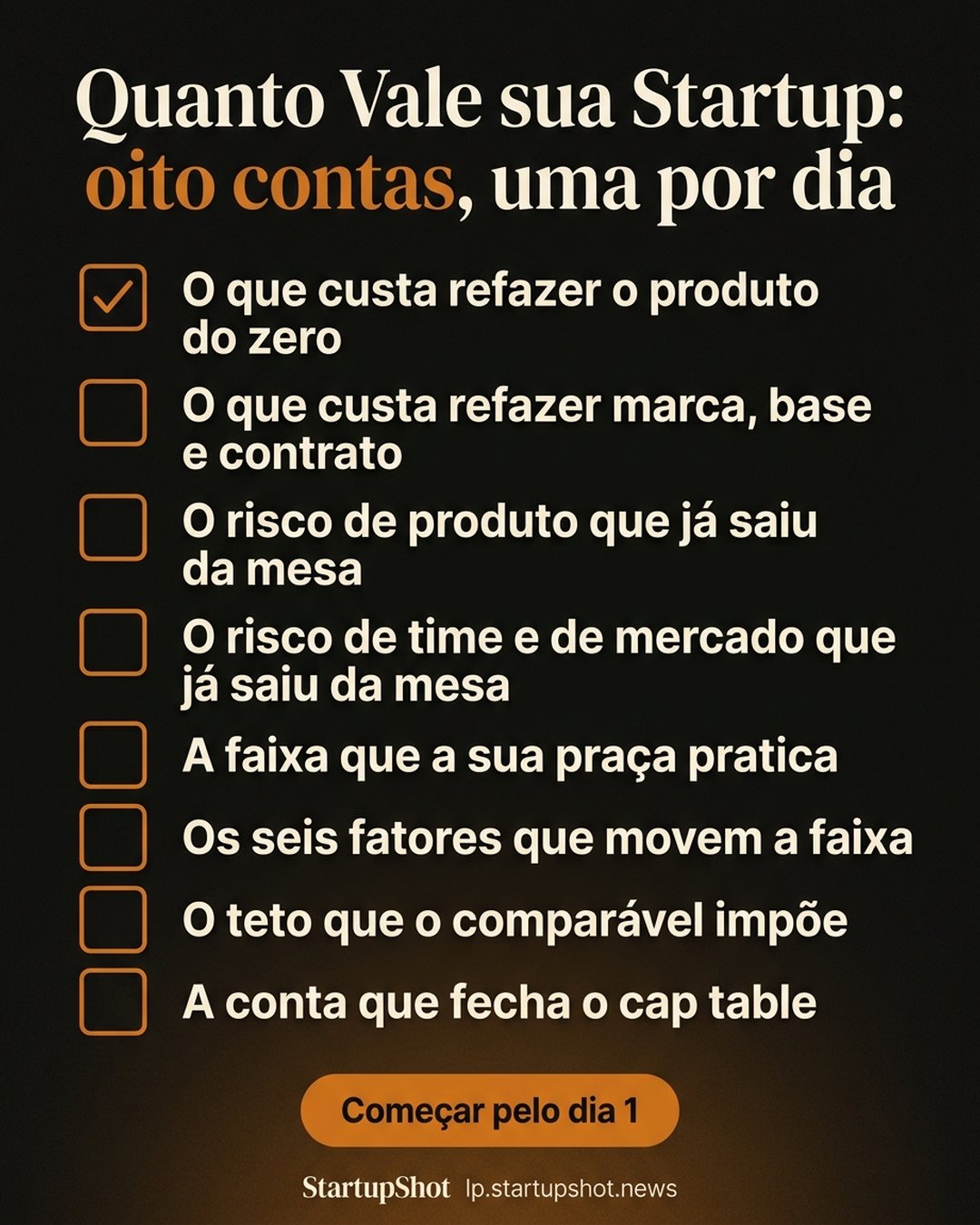 Quanto Vale sua Startup: oito contas, uma por dia: O que custa refazer o produto do zero, O que custa refazer marca, base e contrato, O risco de produto que já saiu da mesa, O risco de time e de mercado que já saiu da mesa, A faixa que a sua praça pratica, Os seis fatores que movem a faixa, O teto que o comparável impõe, A conta que fecha o cap table. Começar pelo dia 1.