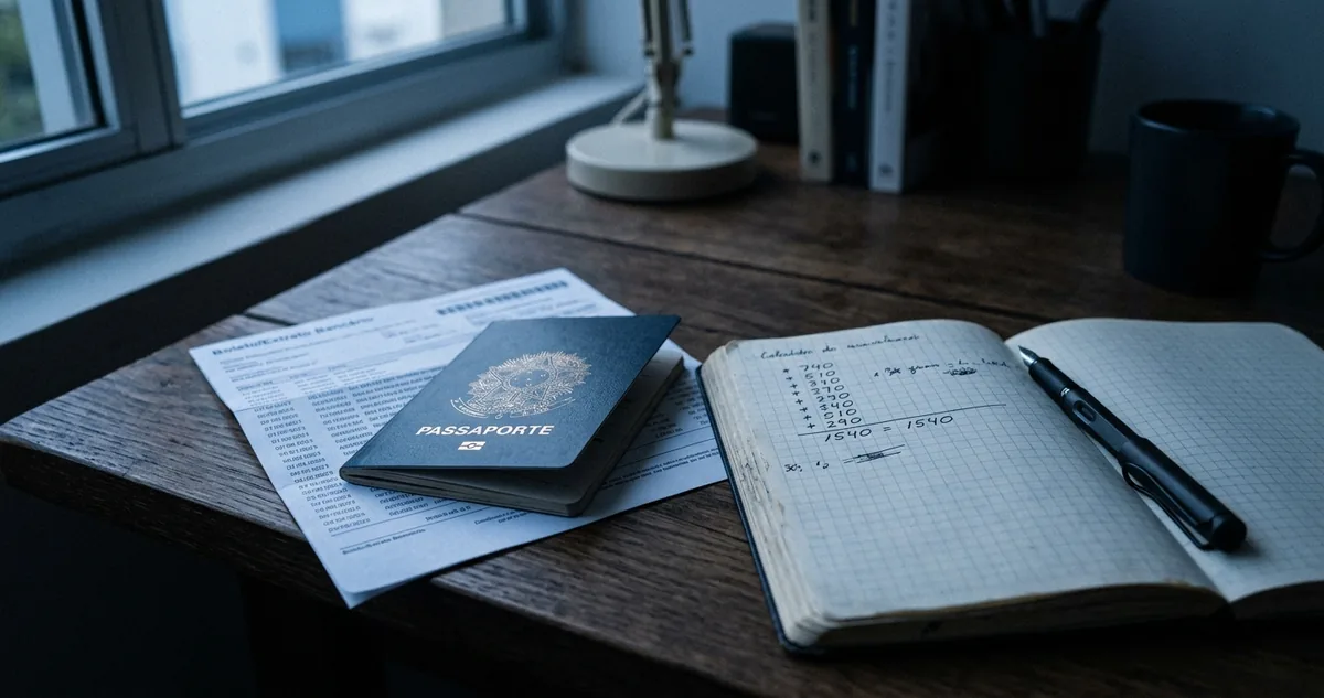 Um passaporte fechado sobre um extrato bancário impresso, ao lado de um caderno com uma soma de pontos anotada à mão.