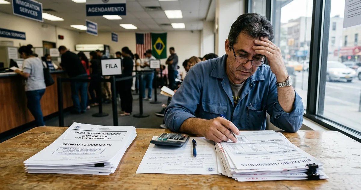 Uma carta de oferta em inglês sobre a mesa, ao lado de um passaporte fechado e de recibos de taxa consular.