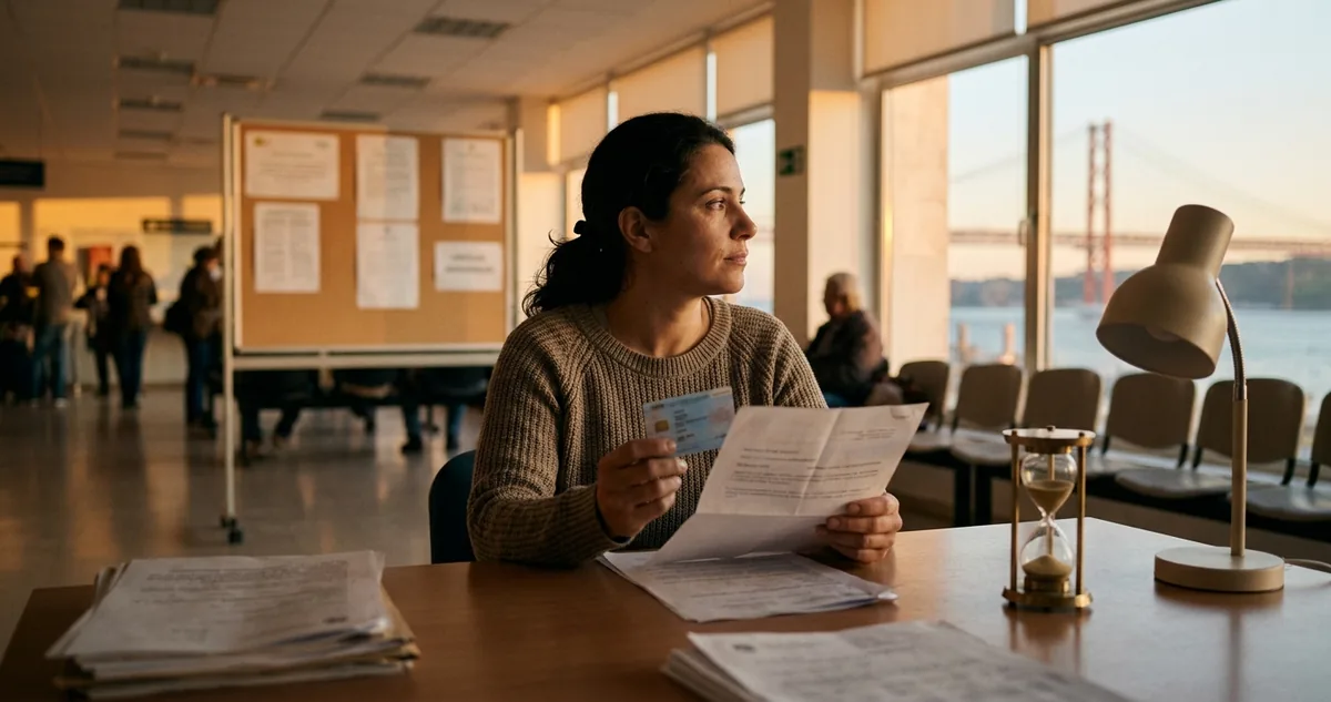 Cartão de residente português ao lado do comprovativo de pedido do título, com um calendário marcando o intervalo entre as duas datas.