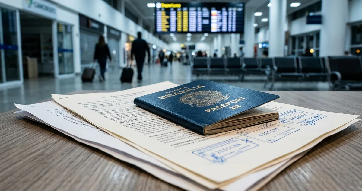 Passaporte aberto sobre formulários de registro do sorteio do H-1B.