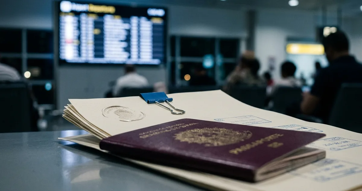 Contrato holandês e passaporte sobre o balcão do serviço de imigração.