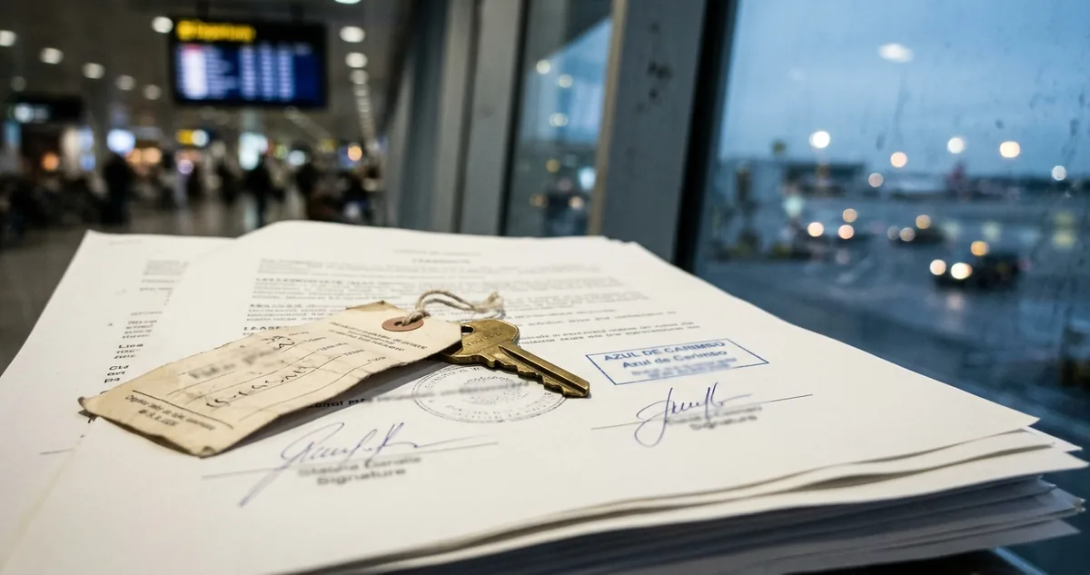 Passaporte brasileiro e certidões sobre o balcão do posto de fronteira.