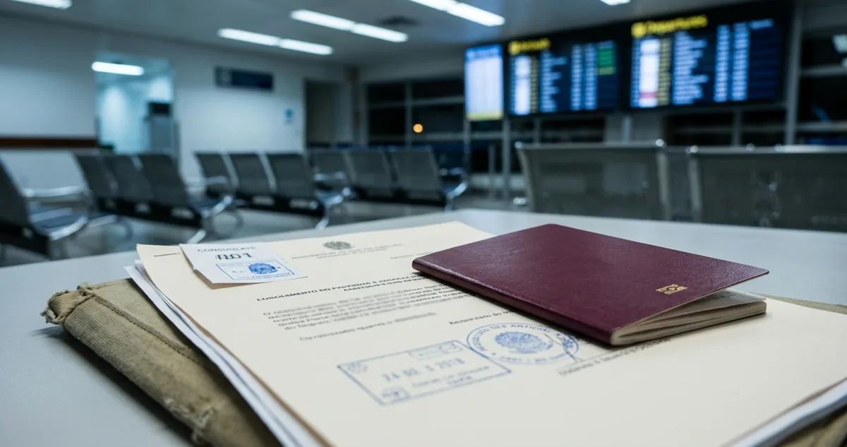 Balcão de atendimento consular português com senhas e pastas de documentos.