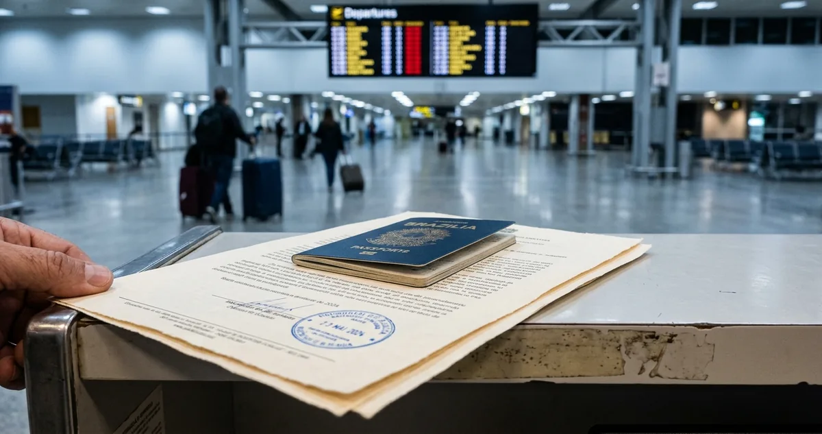 Passaporte brasileiro com carimbo de residência irlandês sobre balcão de café em Dublin.