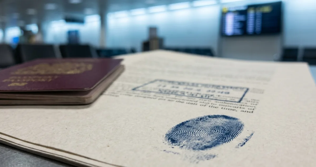 Cabines de controle de passaporte num aeroporto europeu, com câmera e leitor de digitais.