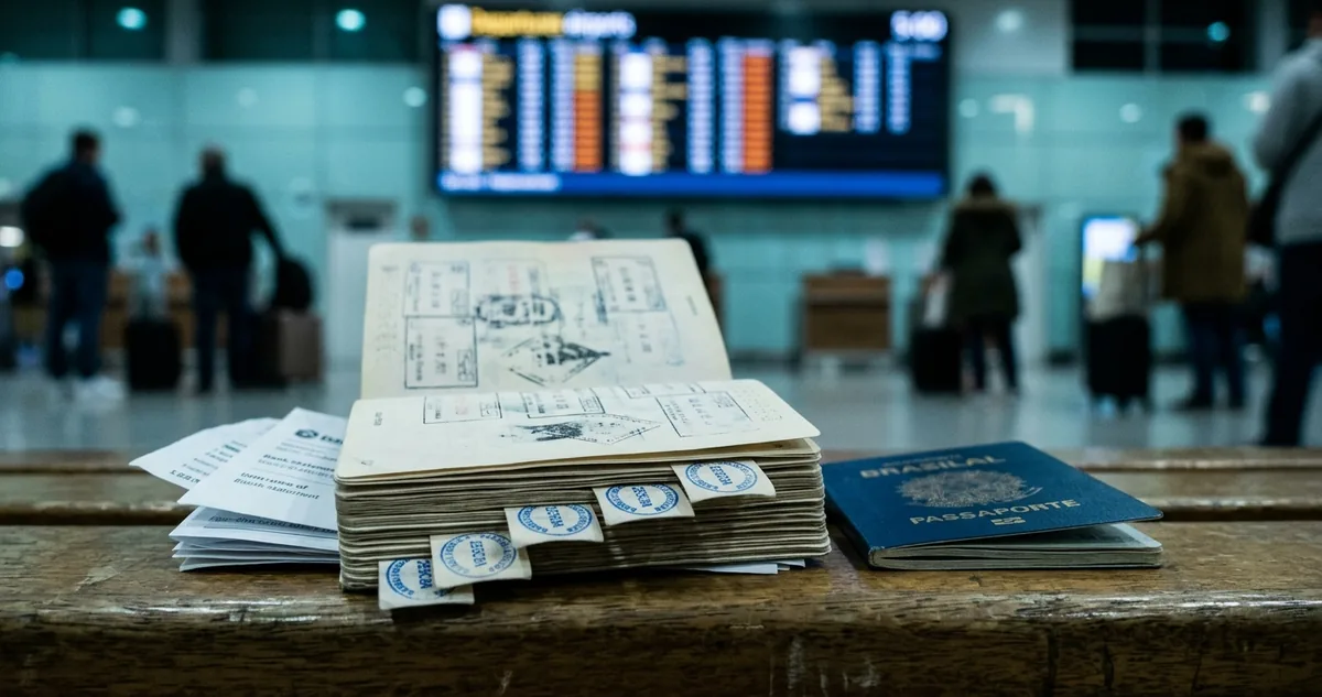 Fila de imigração no aeroporto de Suvarnabhumi, em Bangkok, com cabines e painéis de chegada.
