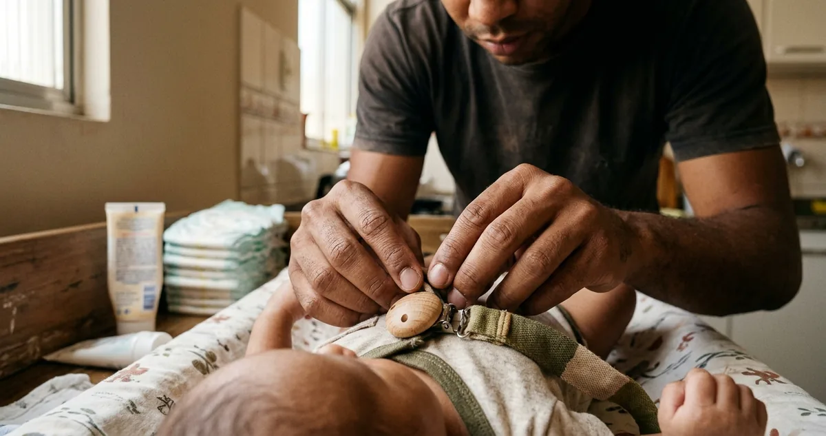 Pai prende o clipe da chupeta na roupa do bebê, na luz da janela