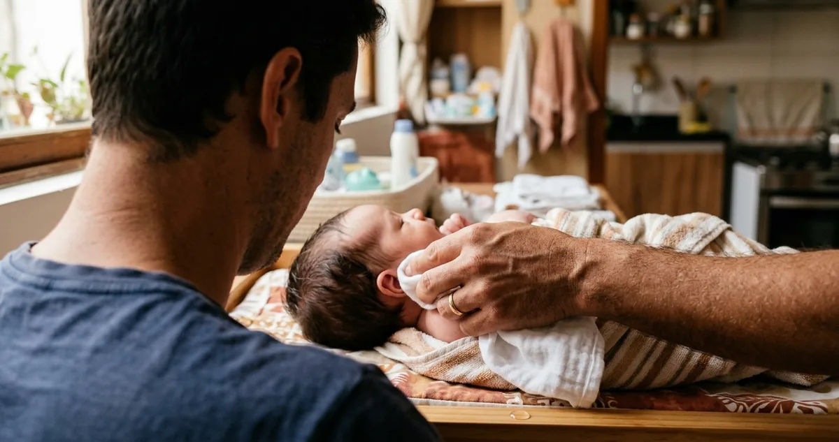 Pai secando a orelha do bebê com a toalha depois do banho