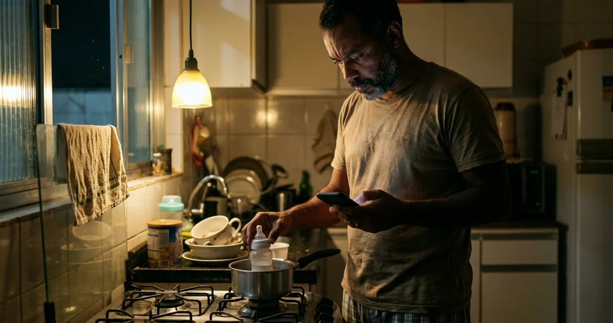 Pai lendo o gráfico de peso da caderneta à noite