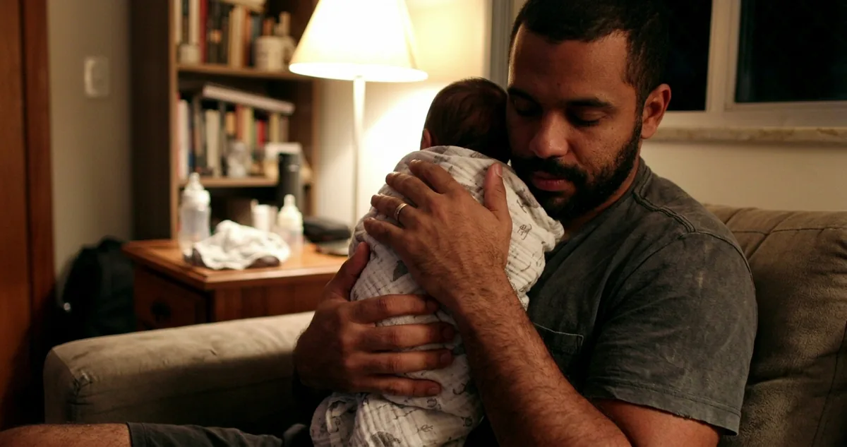 Pai segurando o bebê em pé no colo depois da mamada