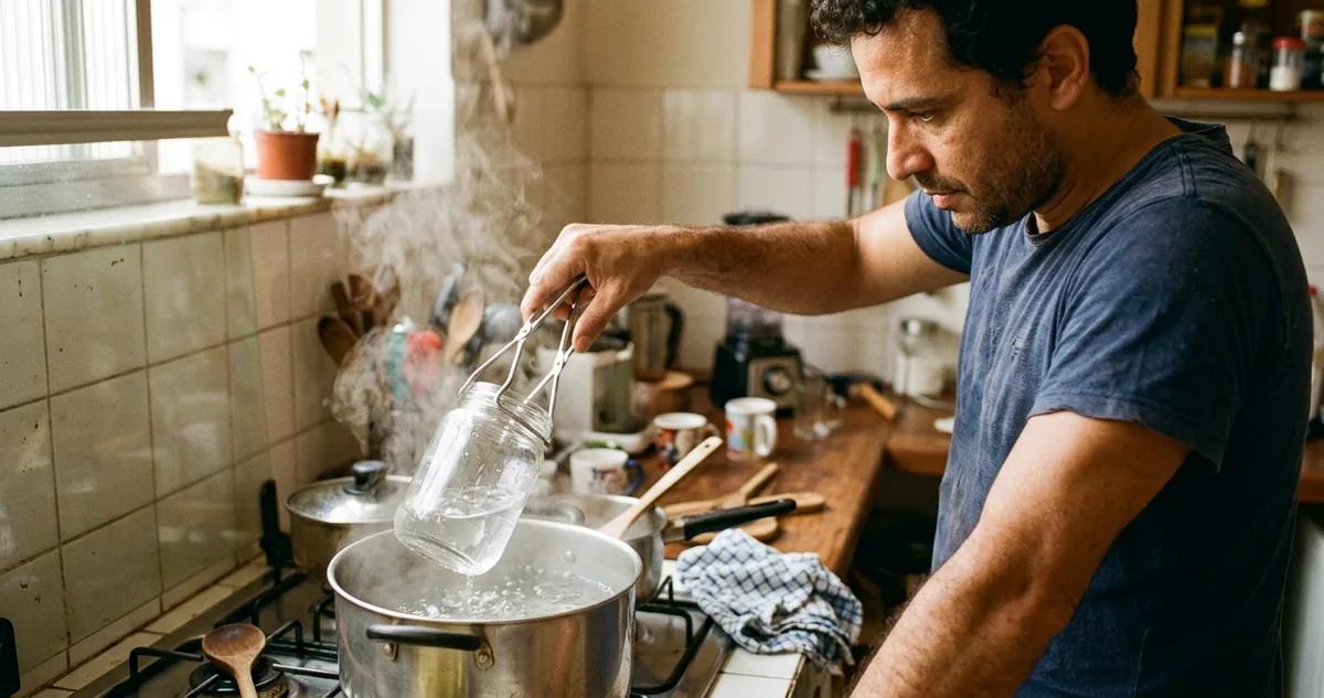 Pai tirando um vidro da panela com água fervendo