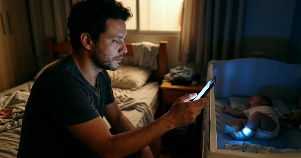 Pai olhando o celular de madrugada ao lado do berço