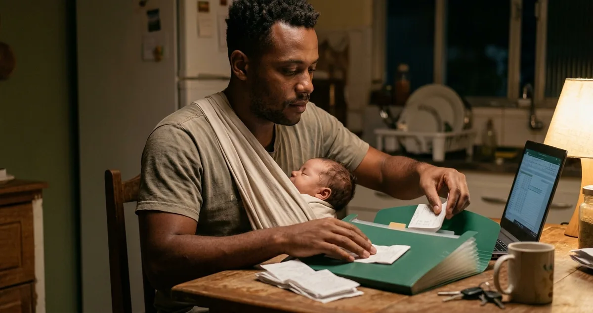 Pai separando recibos médicos com a bebê dormindo no sling