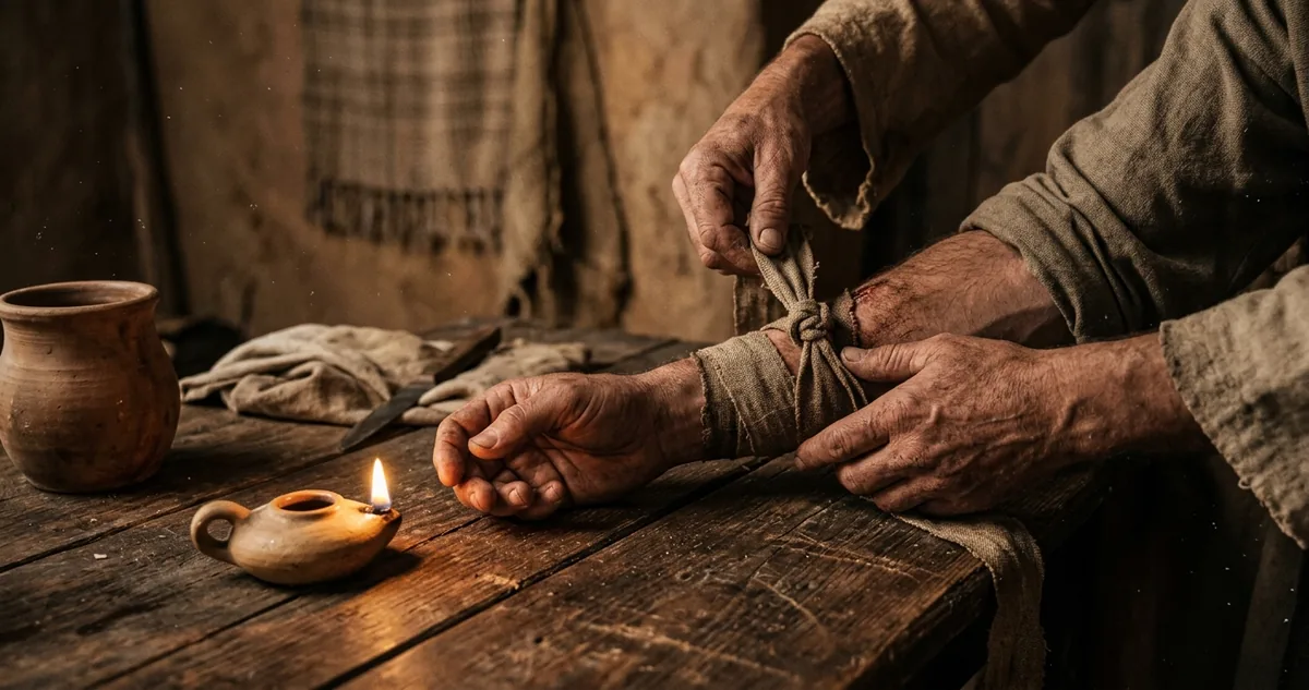 Duas mãos enfaixando um braço ferido com tira de linho à luz de lamparina