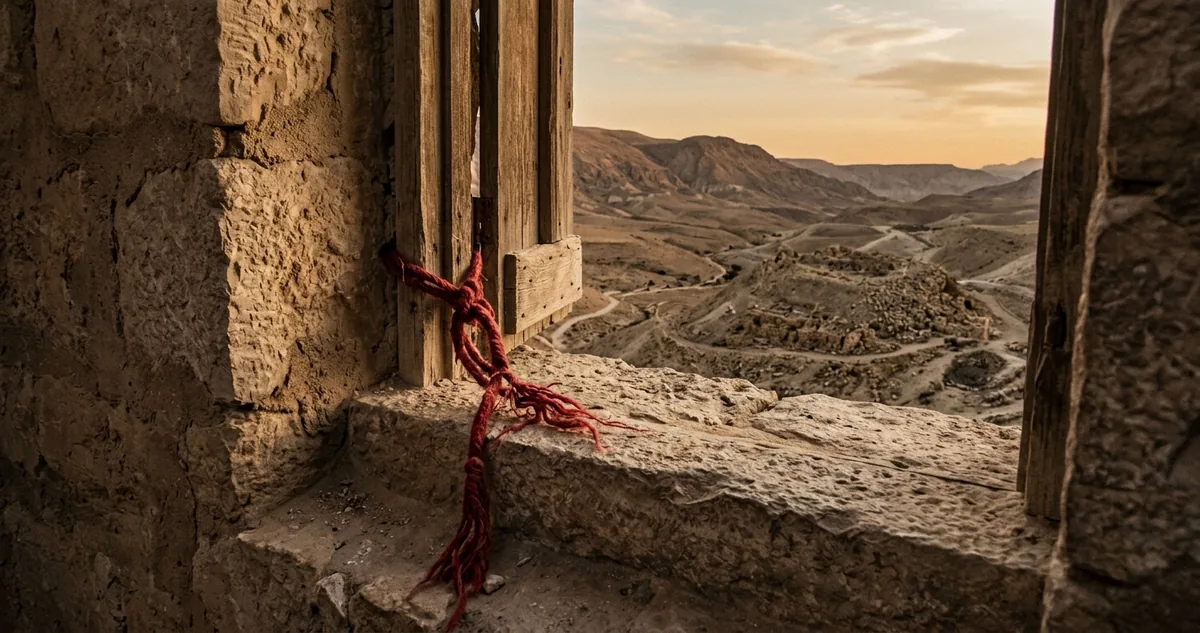 Cordão vermelho numa janela de pedra diante de um vale árido