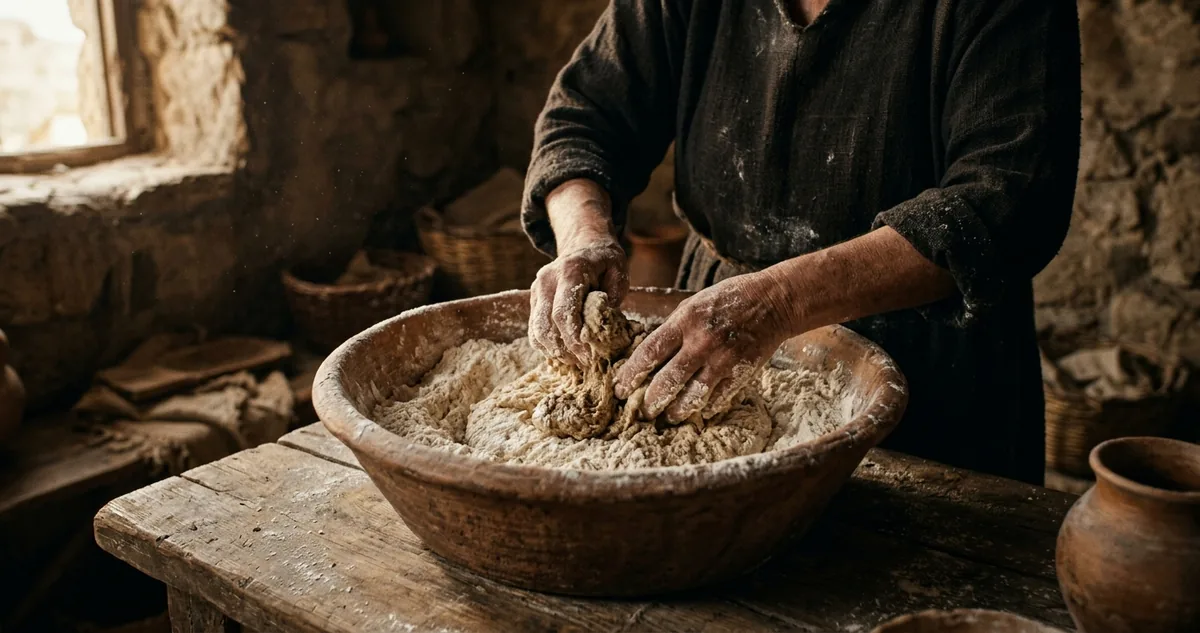 Mãos enfarinhadas escondendo fermento numa bacia de farinha