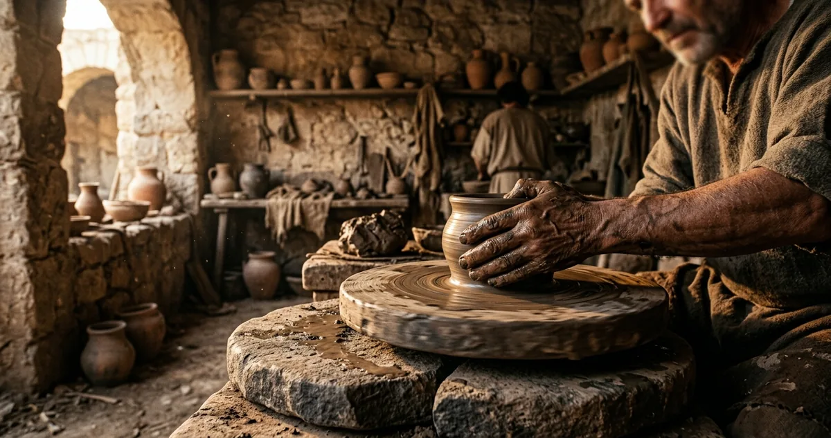 Mãos de oleiro moldando um vaso sobre uma roda de duas pedras