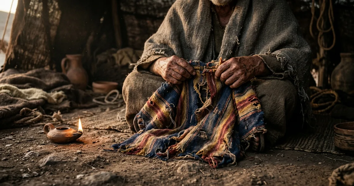 Mãos de um homem idoso segurando uma túnica colorida rasgada