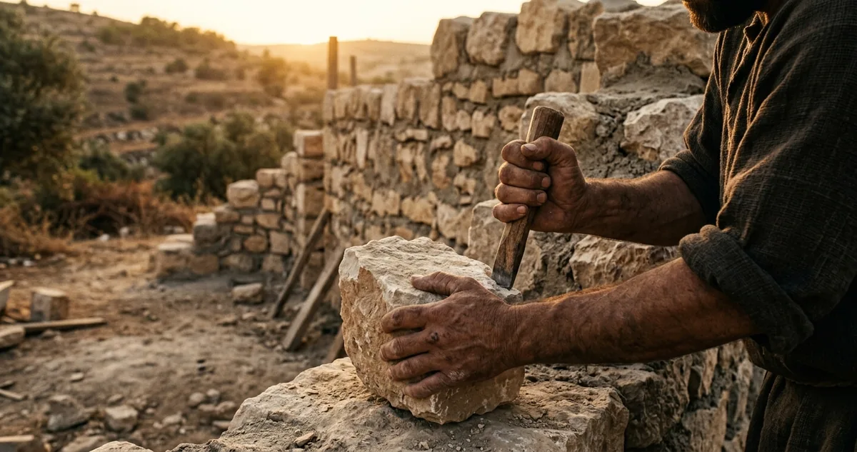 Mão de pedreiro com pedra e dardo ao pé do muro