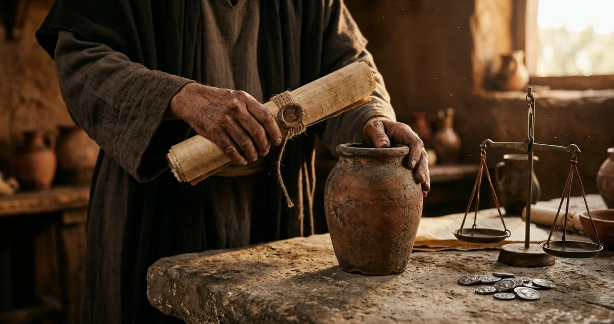 Escriba guardando um rolo lacrado num jarro de barro