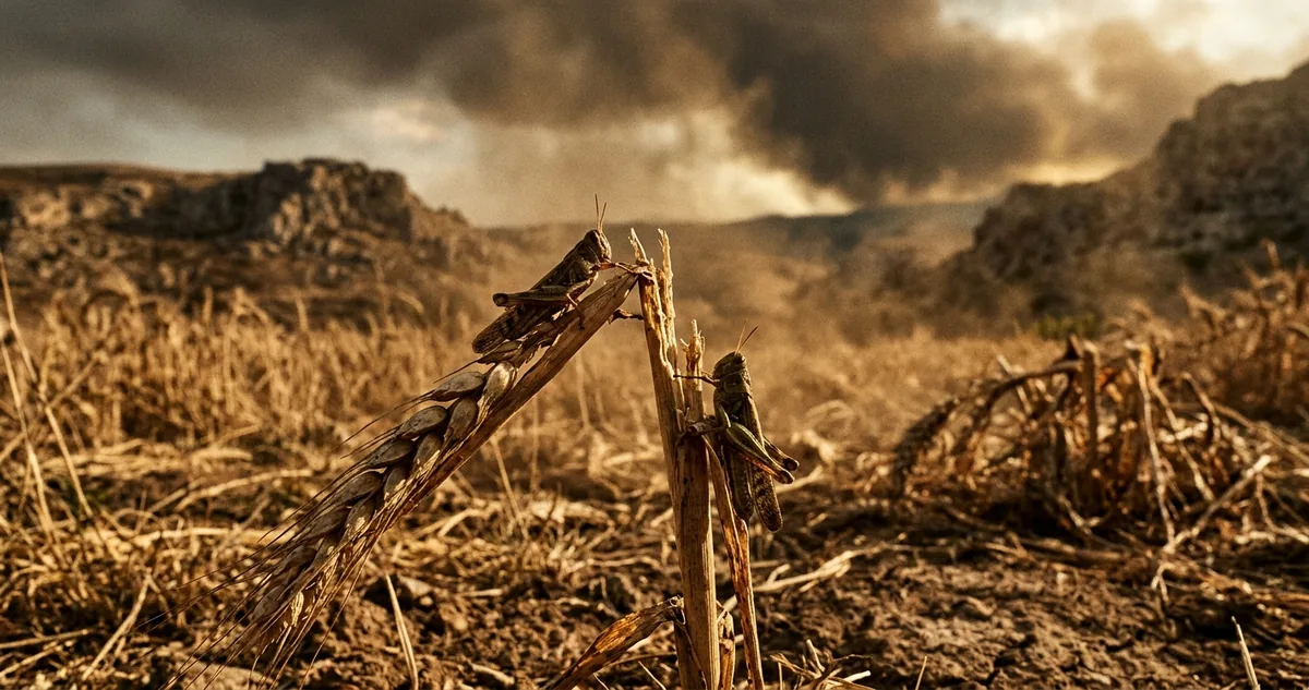 Espiga de trigo roída por gafanhotos num campo seco