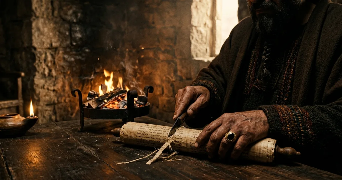 Lâmina de escriba cortando um rolo diante do braseiro
