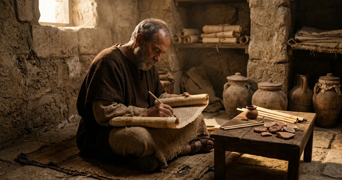 Escriba copiando uma carta num rolo de papiro