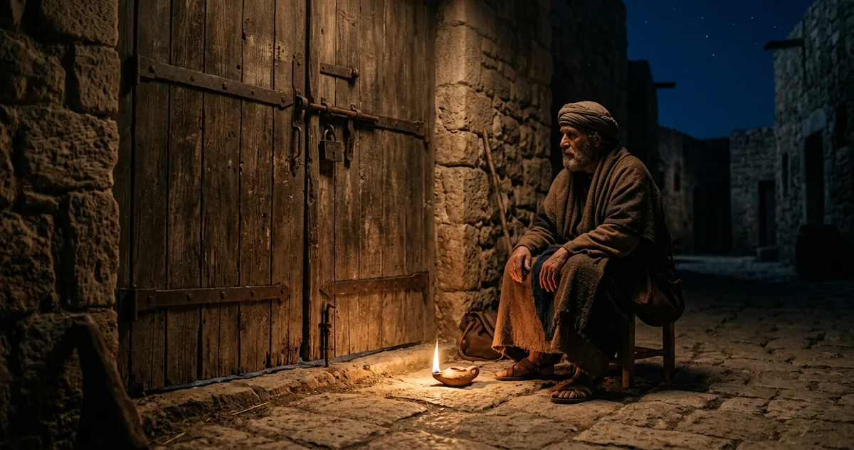 Porteiro vigiando um portão de madeira à noite