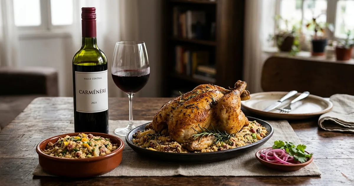 Uma garrafa de tinto chileno fechada na bancada da cozinha, ao lado de um frango assado de padaria ainda embrulhado no papel.