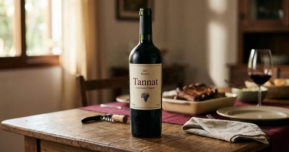 Uma garrafa de tinto uruguaio aberta na mesa, ao lado da assadeira com a costela assada e o papel alumínio dobrado.