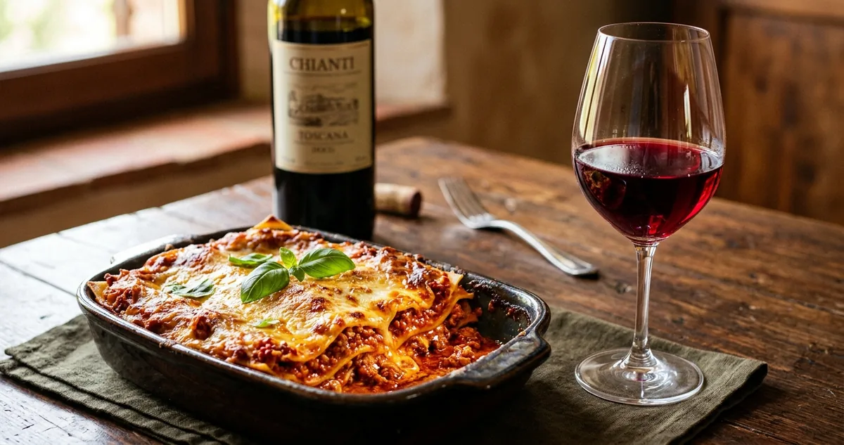 Uma travessa de lasanha gratinada no centro da mesa do aniversário, com a garrafa de Chianti aberta ao lado.