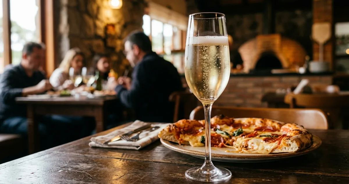 Duas caixas de pizza abertas na mesa de sexta, com a garrafa de espumante gaúcho gelando no balde ao lado.