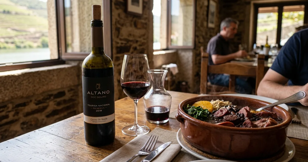 A panela de feijoada aberta no centro da mesa de sábado, com a jarra de vinho tinto português já servida ao lado.