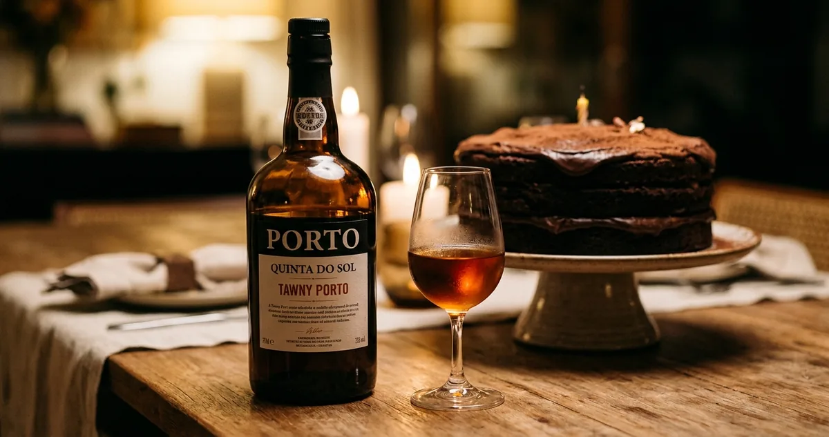 O bolo de chocolate cortado na bancada da cozinha, com a garrafa de Porto Tawny e duas taças pequenas ao lado.