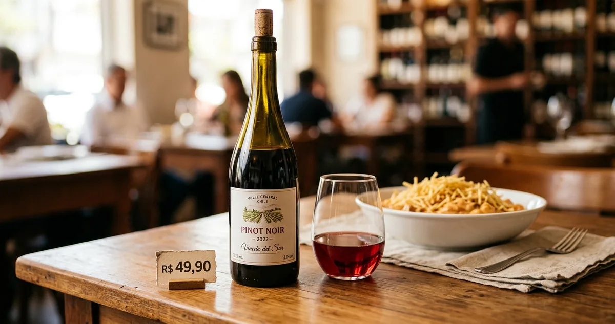 A travessa de estrogonofe fumegando na mesa de terça, com a taça de Pinot Noir chileno e o pote de batata palha fechado ao lado.