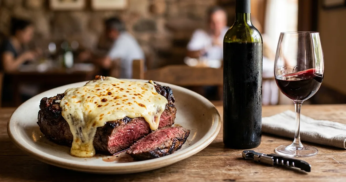 A frigideira de ferro com o hambuŕguer de queijo derretido na mesa de sexta, com a taça de Malbec argentino e a batata frita ao lado.