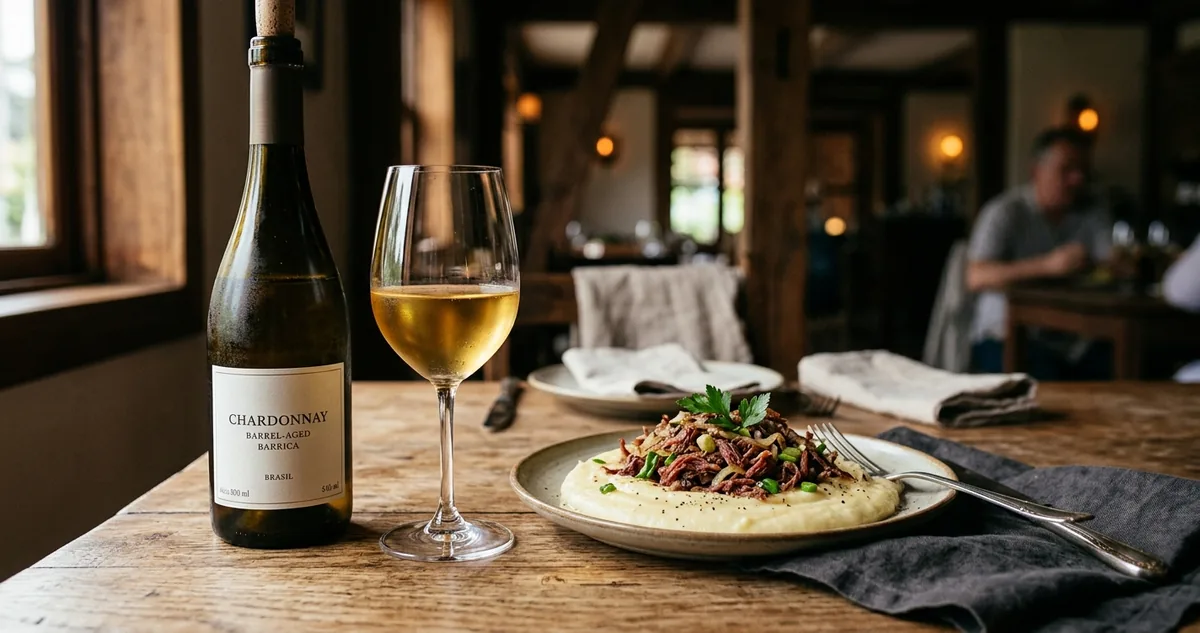 A travessa de escondidinho de carne seca gratinada na mesa de domingo, com a taça grande de Chardonnay argentino ao lado.