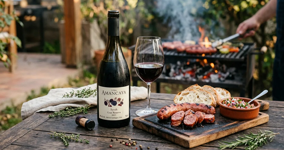 A linguiça toscana em rodelas saindo da grelha, com o pão francês, a tigela de vinagrete e a garrafa de Syrah chileno no balde ao lado.