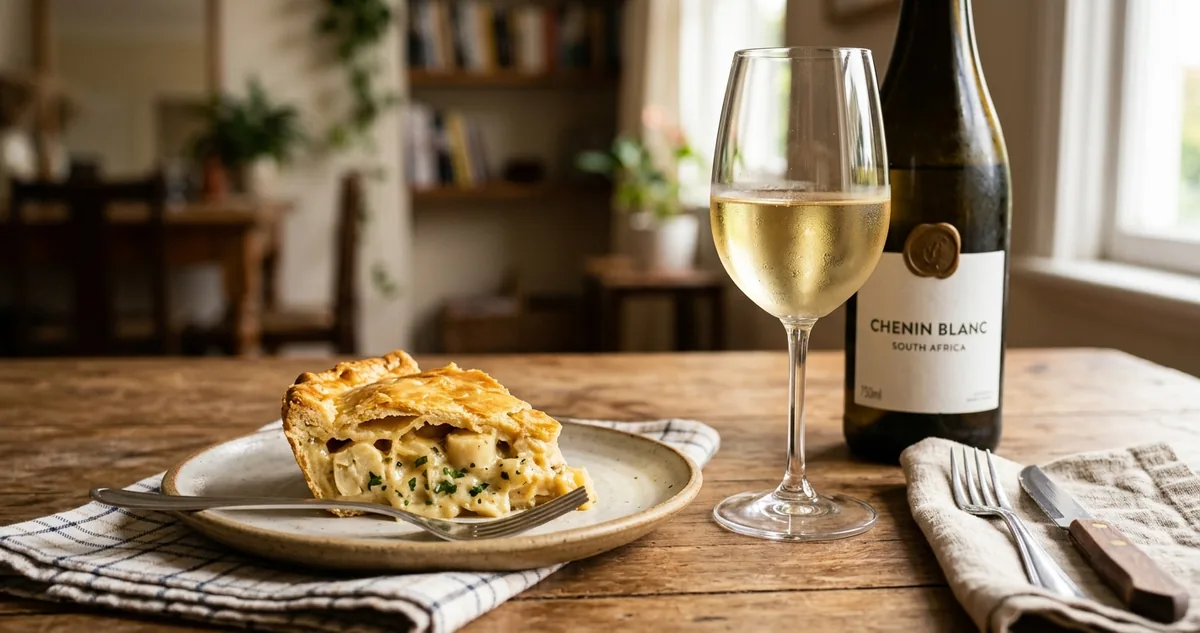 O empadão de palmito na travessa, a massa dourada aberta na colher e a garrafa de Chenin sul-africano no balde.