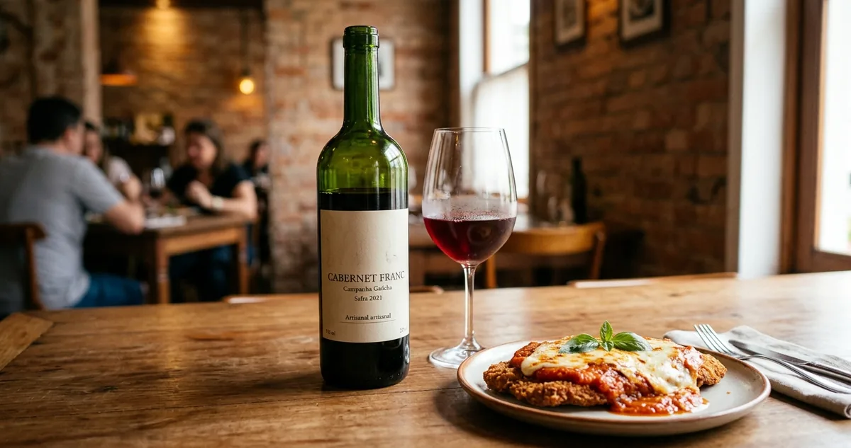 O bife à parmegiana no prato feito, o molho de tomate por cima e a taça de Cabernet Franc ao lado.