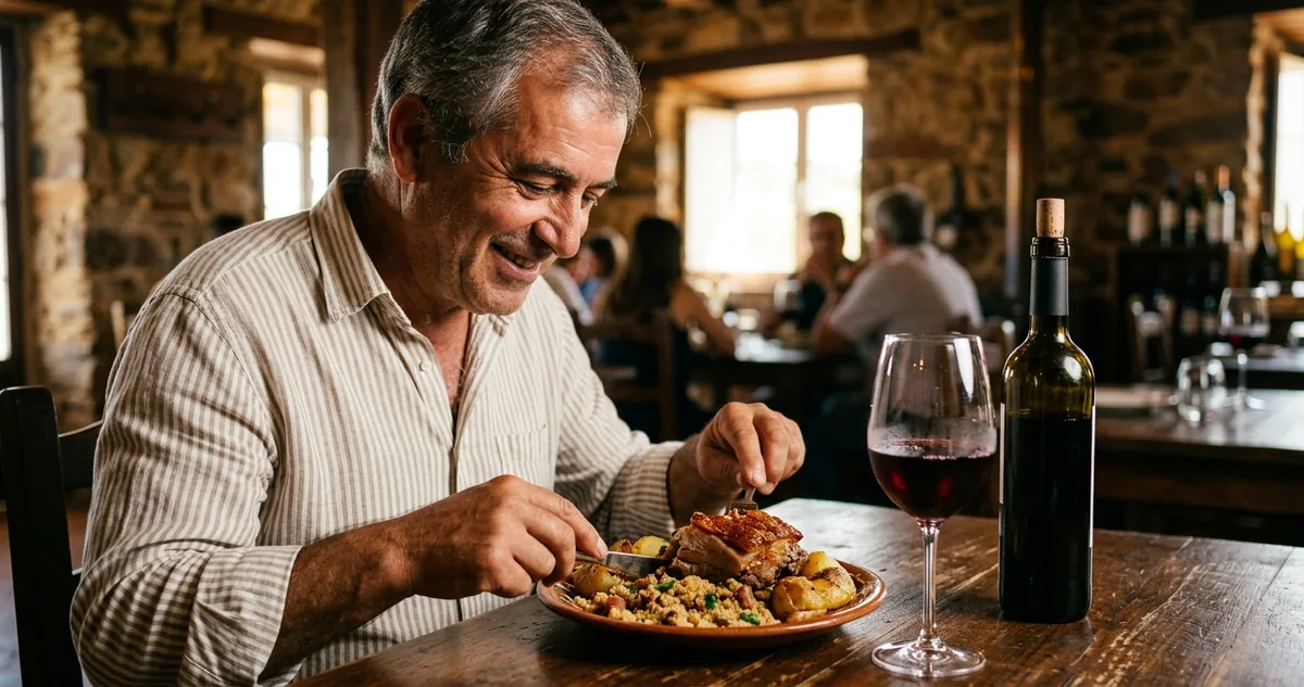 O pernil assado na travessa, a farofa ao lado e a taça de tinto alentejano servida.