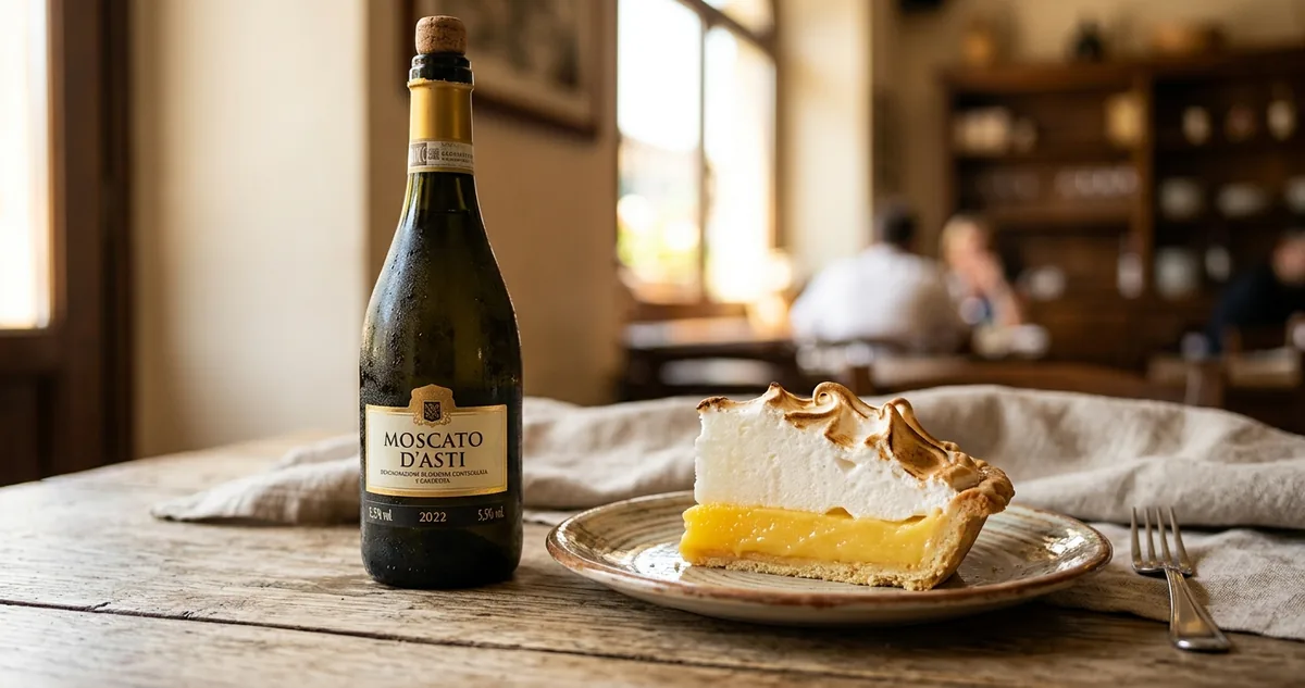 A torta de limão com merengue queimado e a taça de Moscato gelada ao lado.