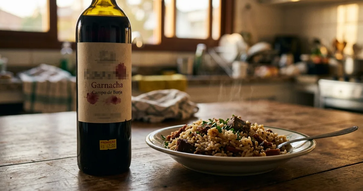 A panela de ferro com arroz de carreteiro ao lado da taça de Garnacha.