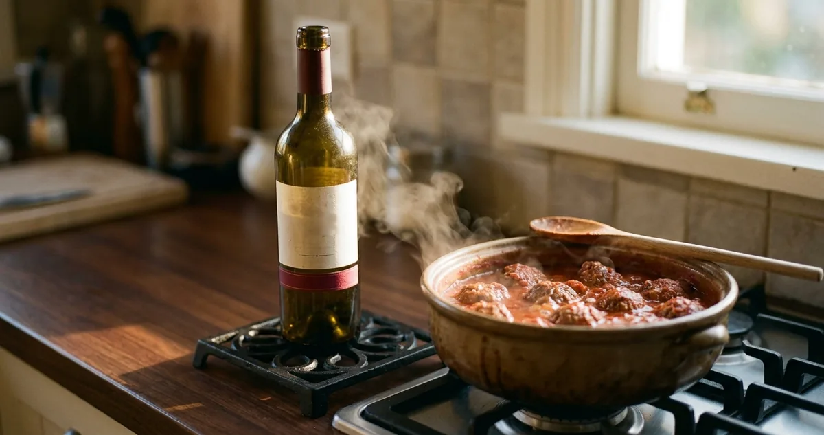 A travessa de almôndegas ao sugo ao lado da taça de Merlot.